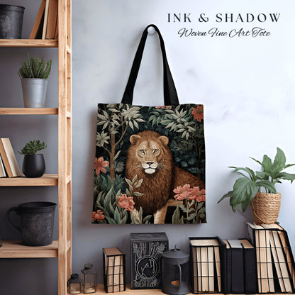 Floral Jungle Animal Tote | Lion Bag William Morris Inspired Tote Bag Aesthetic Mystical Tapestry Tote Woven Victorian Fairycore Botanical |