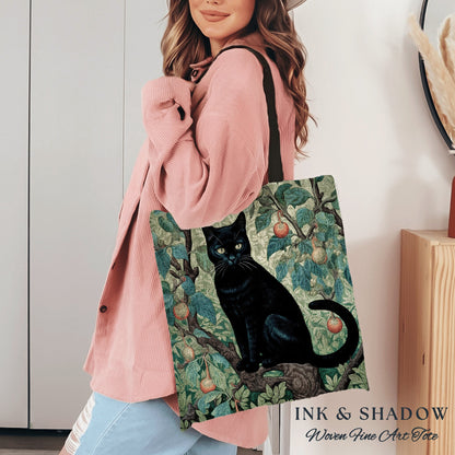 Black Cat Gothic Handbag Botanical | Dark Academia William Morris Inspired Tote Bag Aesthetic Cat Lover Tapestry Bag Woven Victorian Cat Bag