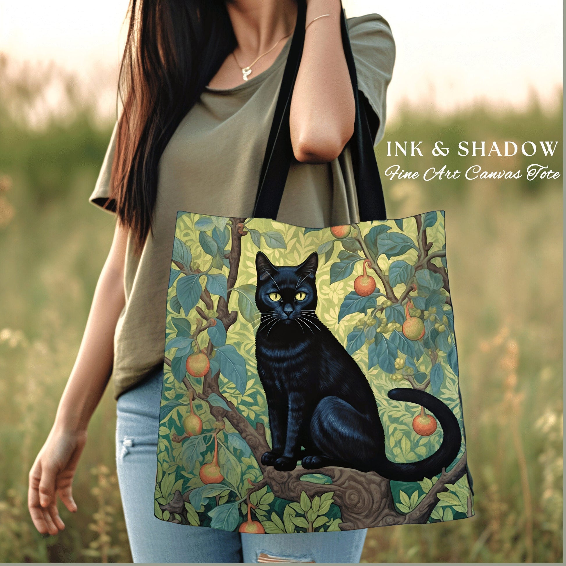 Black Cat Gothic Handbag Botanical | Dark Academia William Morris Inspired Tote Bag Aesthetic Cat Lover Tapestry Bag Woven Victorian Cat Bag