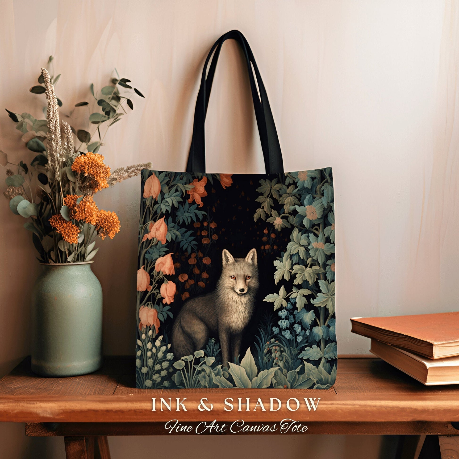 Whimsigoth Grey Fox Tapestry Tote Botanical Dark Floral Victorian Fox Fairycore Dark Academia Morris Art Tote Bag Aesthetic Medieval Bag