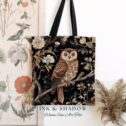 Folk Art Owl Tote Bag Forestcore | Whimsical William Morris Inspired Tote Bag Aesthetic Goth Tapestry Tote Woven Victorian Fairy Core Owl |