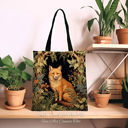 Fox Woodland Gothic Tote | Dark Academia William Morris Inspired Shoulderbag Aesthetic Medieval Woven Tapestry Bag Botanical Forest Spirit