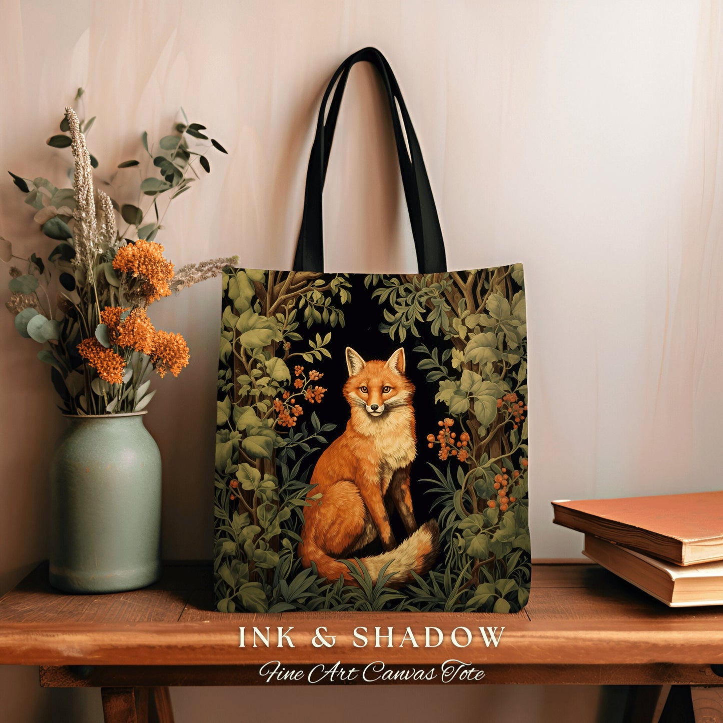 Dark Botanical Fox Tapestry Tote Woven | Dark Academia William Morris Inspired Tote Bag Aesthetic Medieval Woven Tapestry Bag Victorian Fox