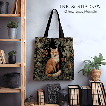 Dark Botanical Fox Tapestry Tote Woven | Dark Academia William Morris Inspired Tote Bag Aesthetic Medieval Woven Tapestry Bag Victorian Fox