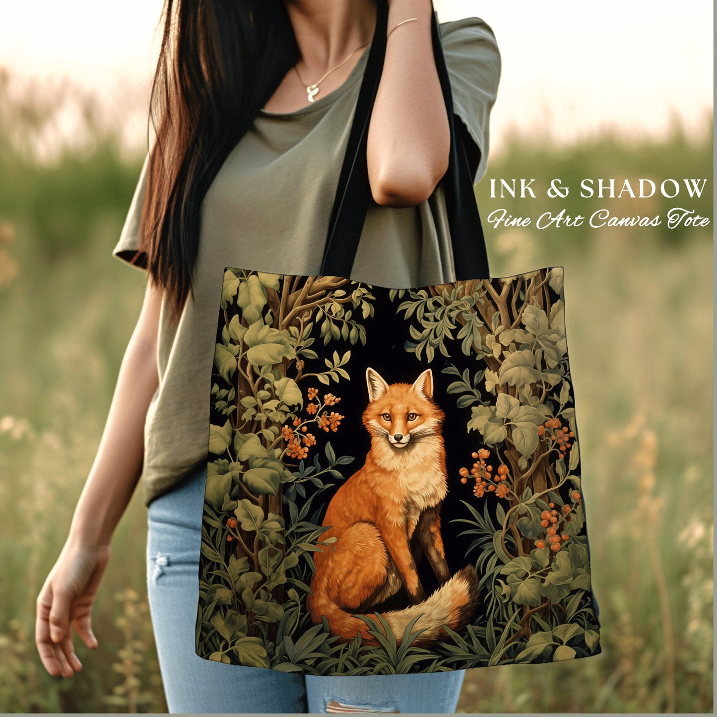 Dark Botanical Fox Tapestry Tote Woven | Dark Academia William Morris Inspired Tote Bag Aesthetic Medieval Woven Tapestry Bag Victorian Fox