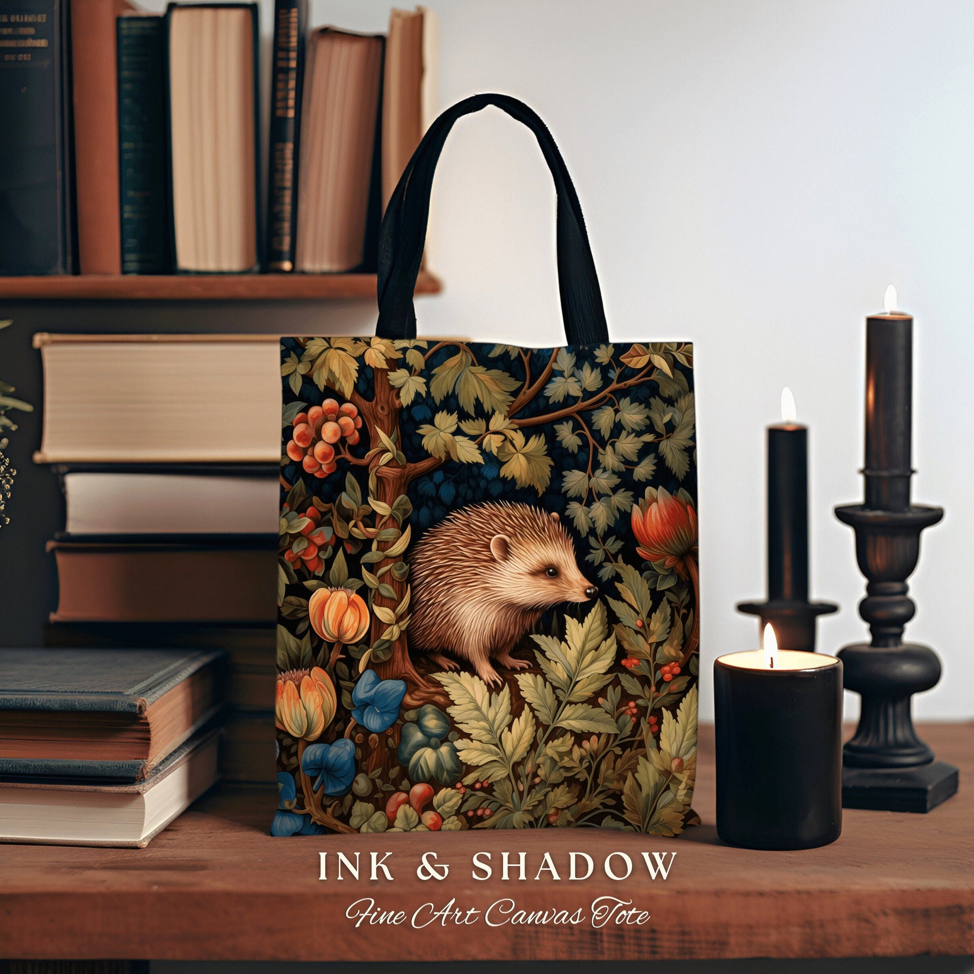 Hedge Hog Botanical Tote Bag | Forestcore Bag William Morris Inspired Tote Bag Aesthetic Mystical Tapestry Bag Woven Victorian Woodland Bag