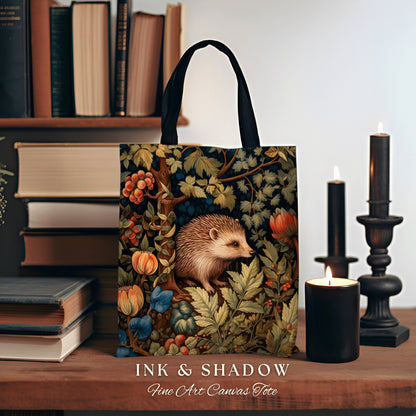 Hedge Hog Botanical Tote Bag | Forestcore Bag William Morris Inspired Tote Bag Aesthetic Mystical Tapestry Bag Woven Victorian Woodland Bag