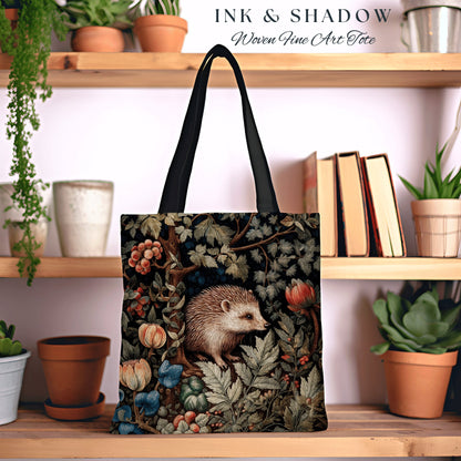 Hedge Hog Botanical Tote Bag | Forestcore Bag William Morris Inspired Tote Bag Aesthetic Mystical Tapestry Bag Woven Victorian Woodland Bag