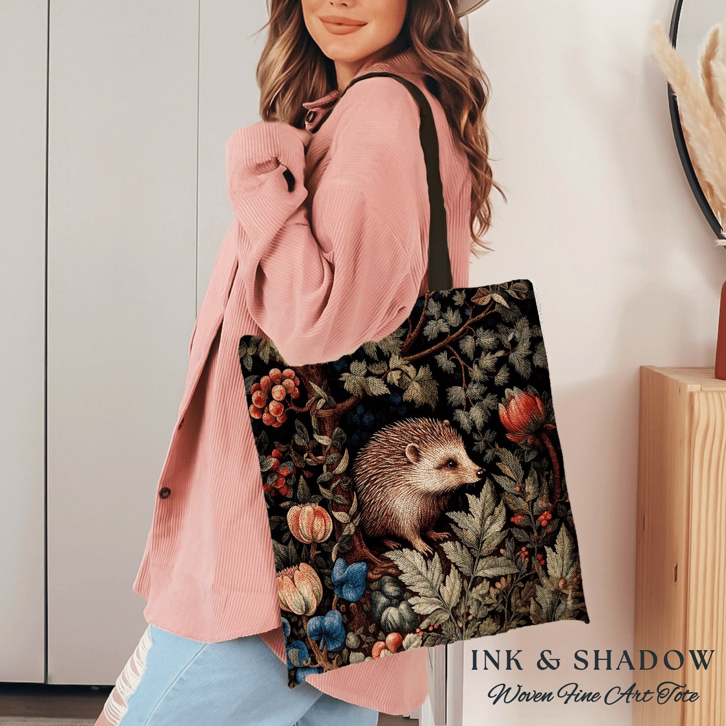 Hedge Hog Botanical Tote Bag | Forestcore Bag William Morris Inspired Tote Bag Aesthetic Mystical Tapestry Bag Woven Victorian Woodland Bag