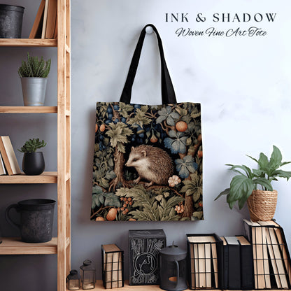 Woodland Hedgehog Tapestry Tote | Forestcore Bag William Morris Inspired Tote Bag Aesthetic Mystical Tapestry Bag Woven Victorian Gothic Bag