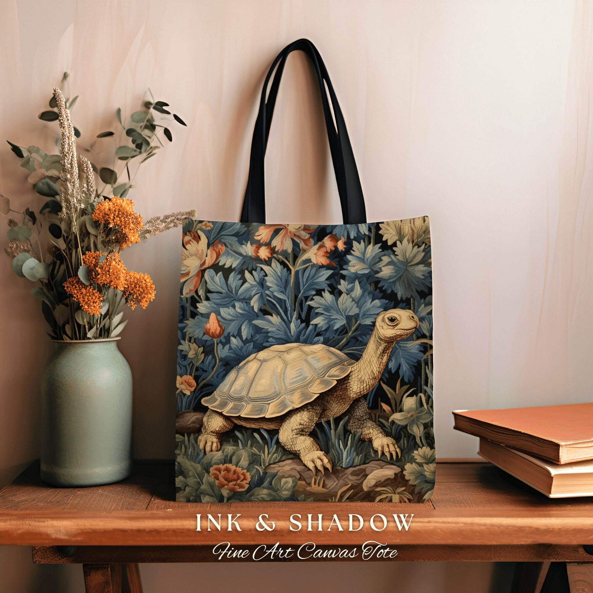 Moody Botanical Woven Tortoise Tote Bag Vintage Aesthetic Botanical William Morris Inspired Turtle Cottagecore Tapestry Tote Gobincore Bag