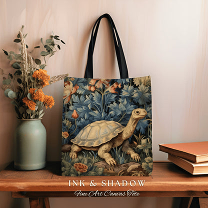 Moody Botanical Woven Tortoise Tote Bag Vintage Aesthetic Botanical William Morris Inspired Turtle Cottagecore Tapestry Tote Gobincore Bag