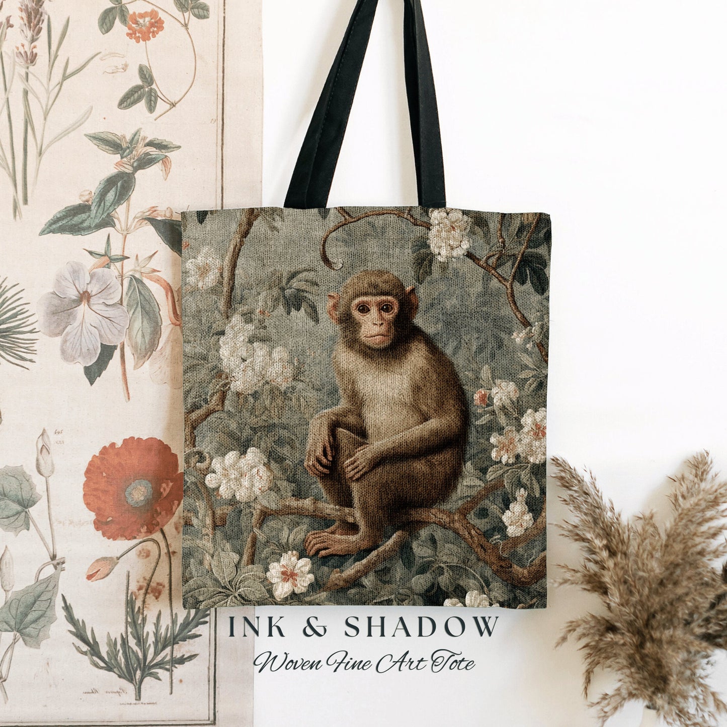 Rustic Floral Monkey Tote Bag Vintage Aesthetic Animal Lover Morris Tote Boho Light Goth Victorian Monkey Botanical Tapestry Cottgecore Bag