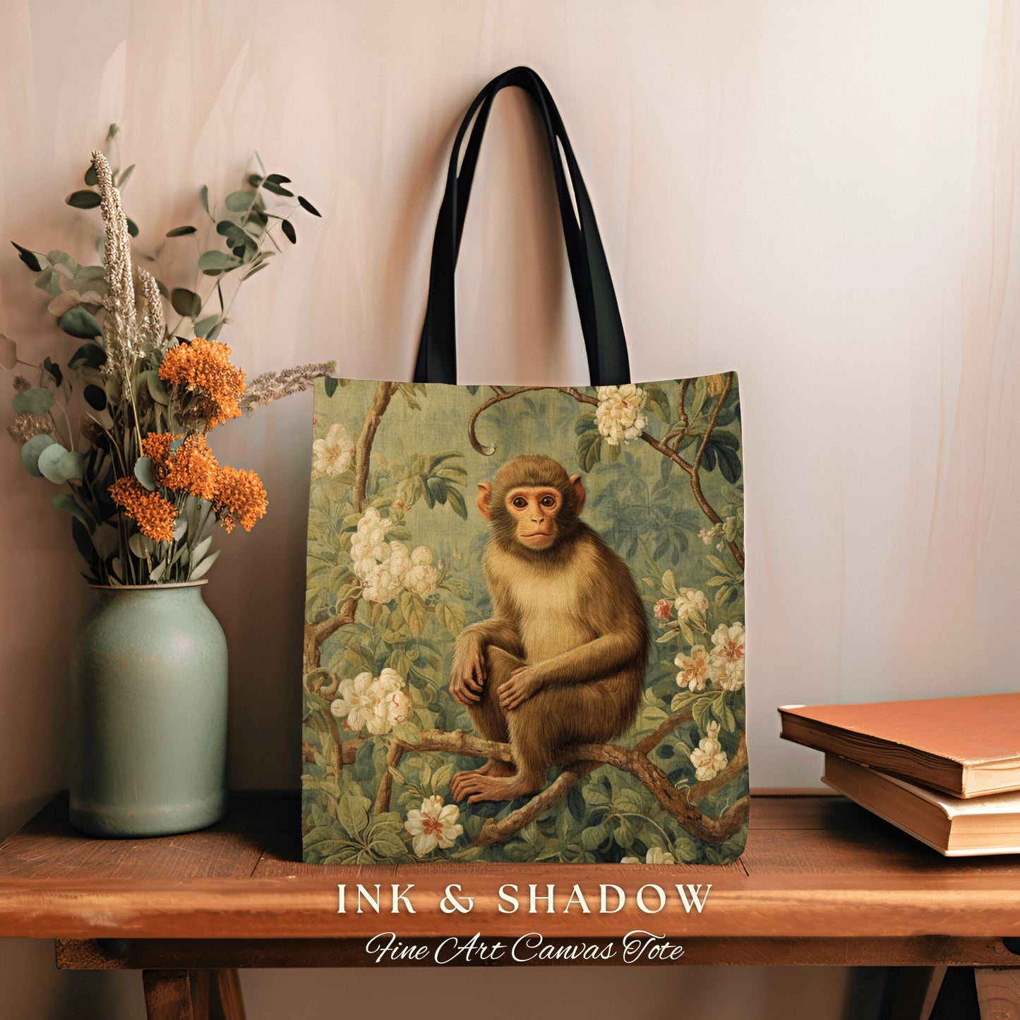 Rustic Floral Monkey Tote Bag Vintage Aesthetic Animal Lover Morris Tote Boho Light Goth Victorian Monkey Botanical Tapestry Cottgecore Bag