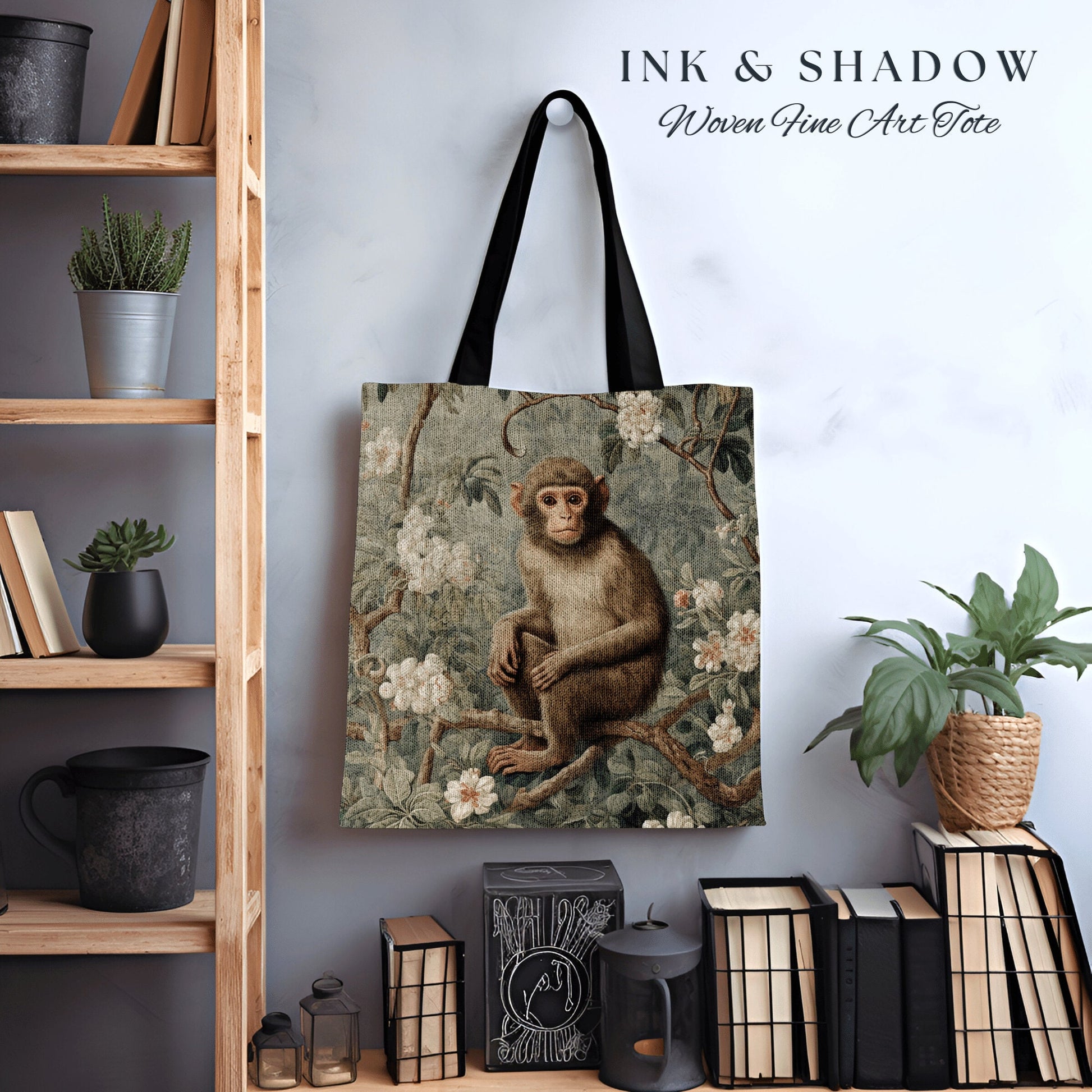 Rustic Floral Monkey Tote Bag Vintage Aesthetic Animal Lover Morris Tote Boho Light Goth Victorian Monkey Botanical Tapestry Cottgecore Bag