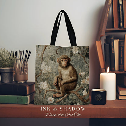 Rustic Floral Monkey Tote Bag Vintage Aesthetic Animal Lover Morris Tote Boho Light Goth Victorian Monkey Botanical Tapestry Cottgecore Bag