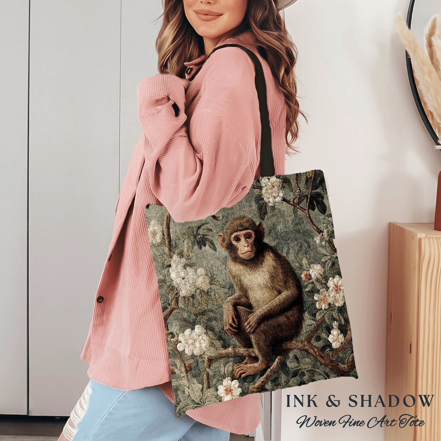 Rustic Floral Monkey Tote Bag Vintage Aesthetic Animal Lover Morris Tote Boho Light Goth Victorian Monkey Botanical Tapestry Cottgecore Bag