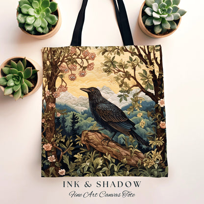 Boho Crow Tote Bag Whimsical | Gothic Tote William Morris Inspired Raven Tote Bag Crow Core Satchel Maximalist Tapestry Bag Dark Woodland |