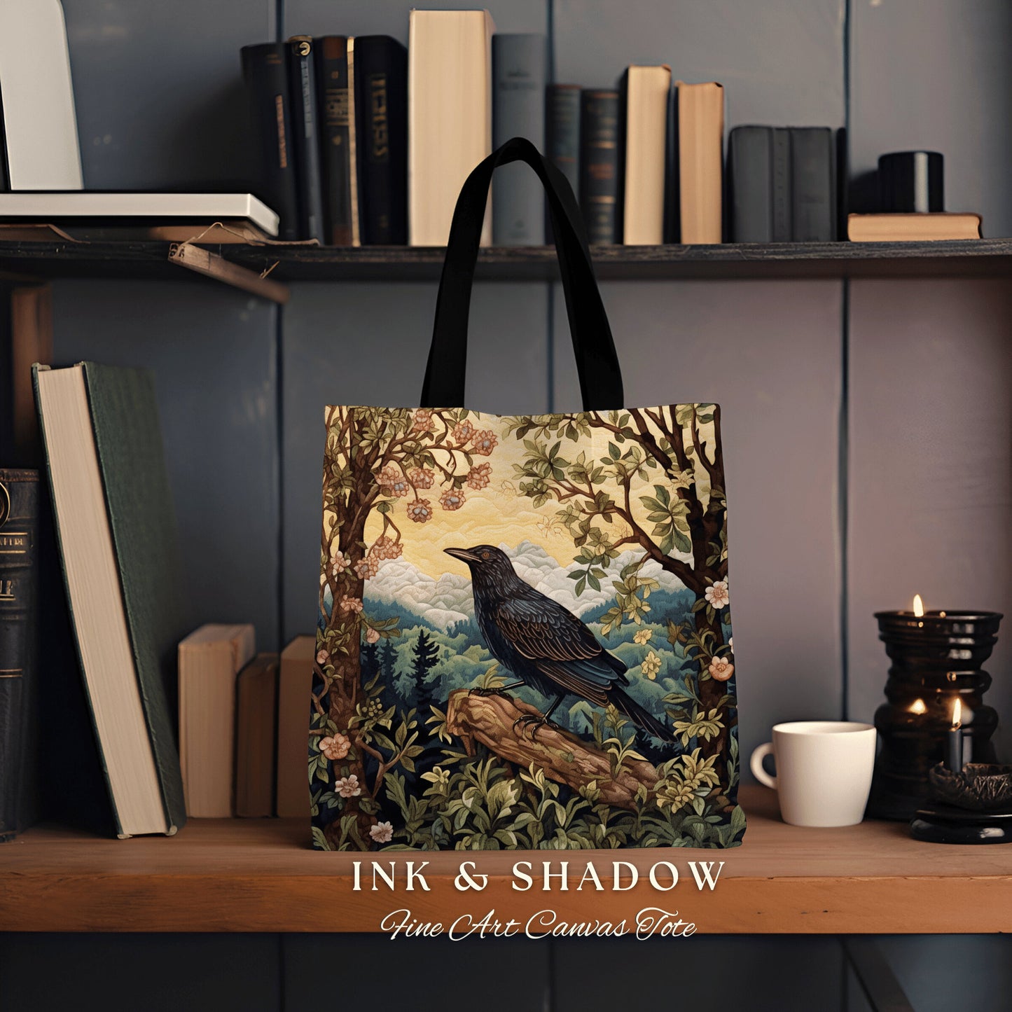Folk Art Crow Whimsical Woodland Woven Tapestry Tote | Victorian Cottagecore Botanical Nature Raven Art Storybook Bird Lover Everyday Bag