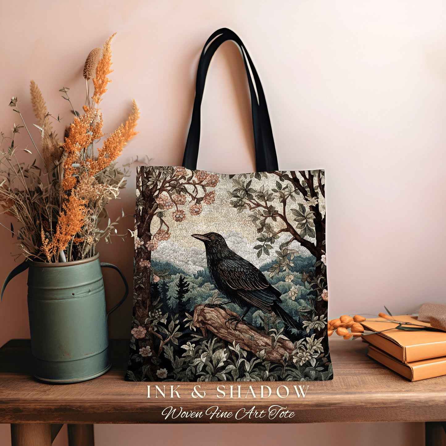 Boho Crow Tote Bag Whimsical | Gothic Tote William Morris Inspired Raven Tote Bag Crow Core Satchel Maximalist Tapestry Bag Dark Woodland |