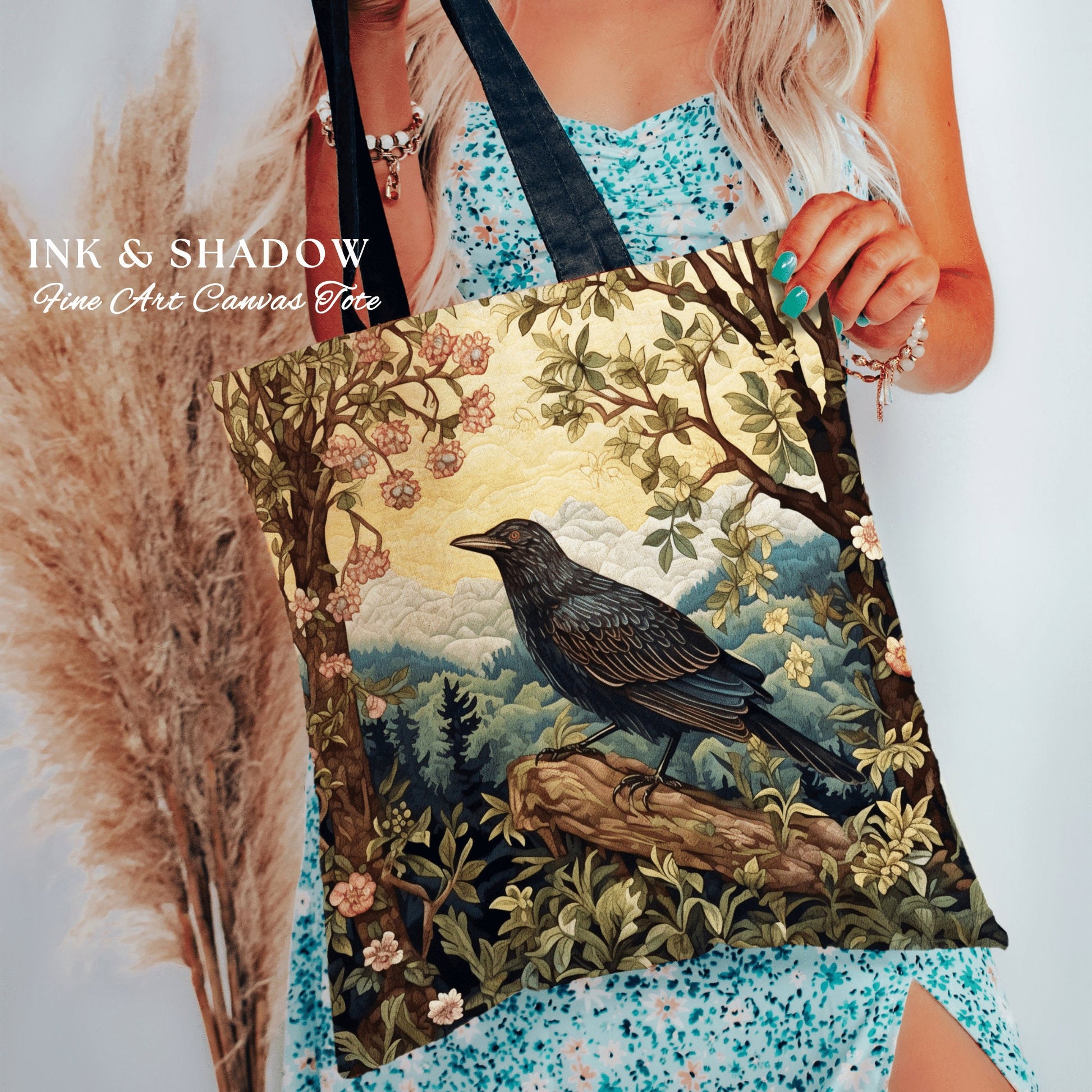 Folk Art Crow Whimsical Woodland Woven Tapestry Tote | Victorian Cottagecore Botanical Nature Raven Art Storybook Bird Lover Everyday Bag