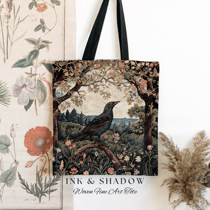 Woven Tapestry Tote Crowcore Bag | Gothic Tote William Morris Inspired Raven Tote Bag Crow Core Satchel Maximalist Tapestry Tote Bag Gothic