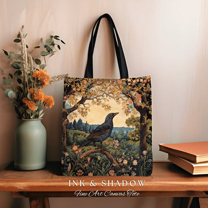 Woven Tapestry Tote Crowcore Bag | Gothic Tote William Morris Inspired Raven Tote Bag Crow Core Satchel Maximalist Tapestry Tote Bag Gothic