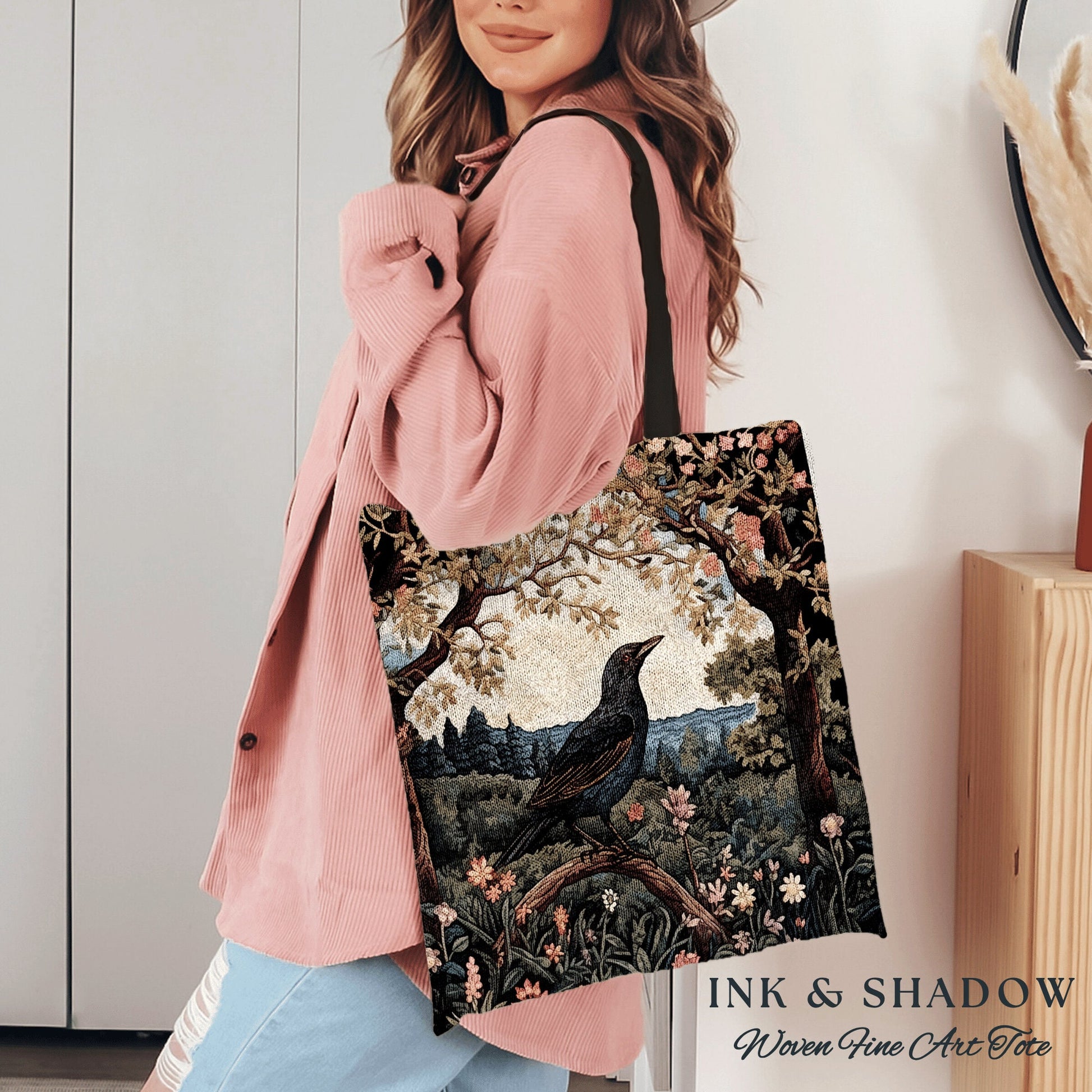 Woven Tapestry Tote Crowcore Bag | Gothic Tote William Morris Inspired Raven Tote Bag Crow Core Satchel Maximalist Tapestry Tote Bag Gothic