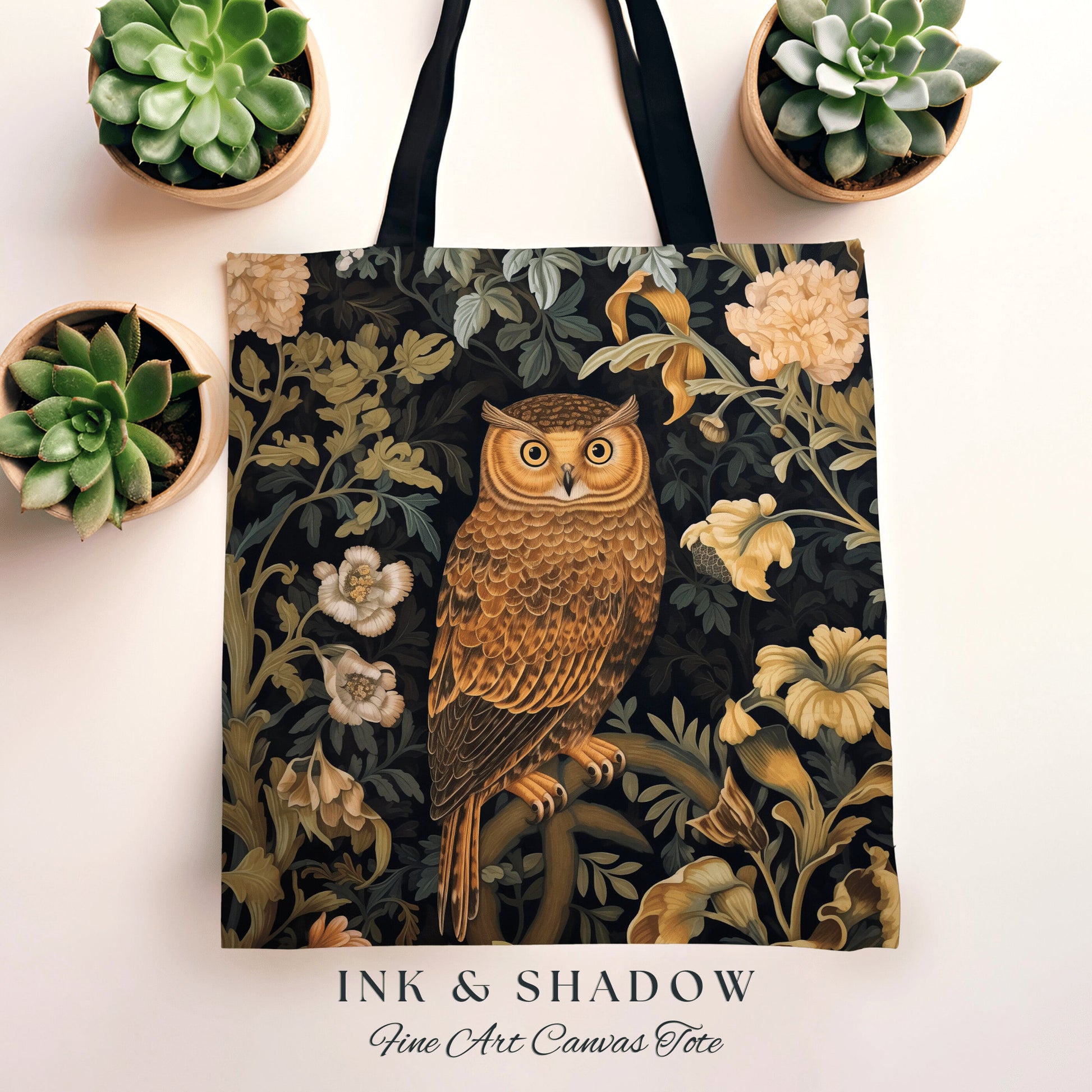 Whimsigoth Owl Tote Bag Botanical | Whimsical William Morris Inspired Tote Bag Aesthetic Goth Tapestry Tote Woven Victorian Fairy Core Owl |