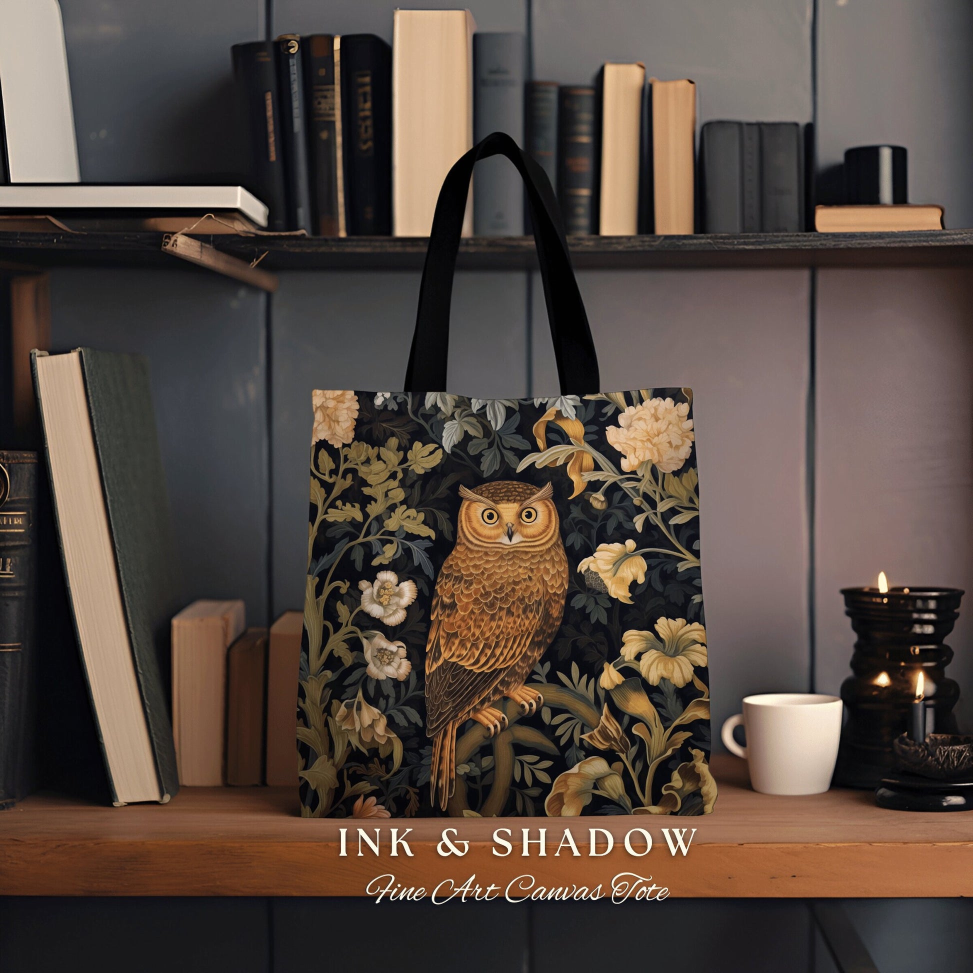 Whimsigoth Owl Tote Bag Botanical | Whimsical William Morris Inspired Tote Bag Aesthetic Goth Tapestry Tote Woven Victorian Fairy Core Owl |