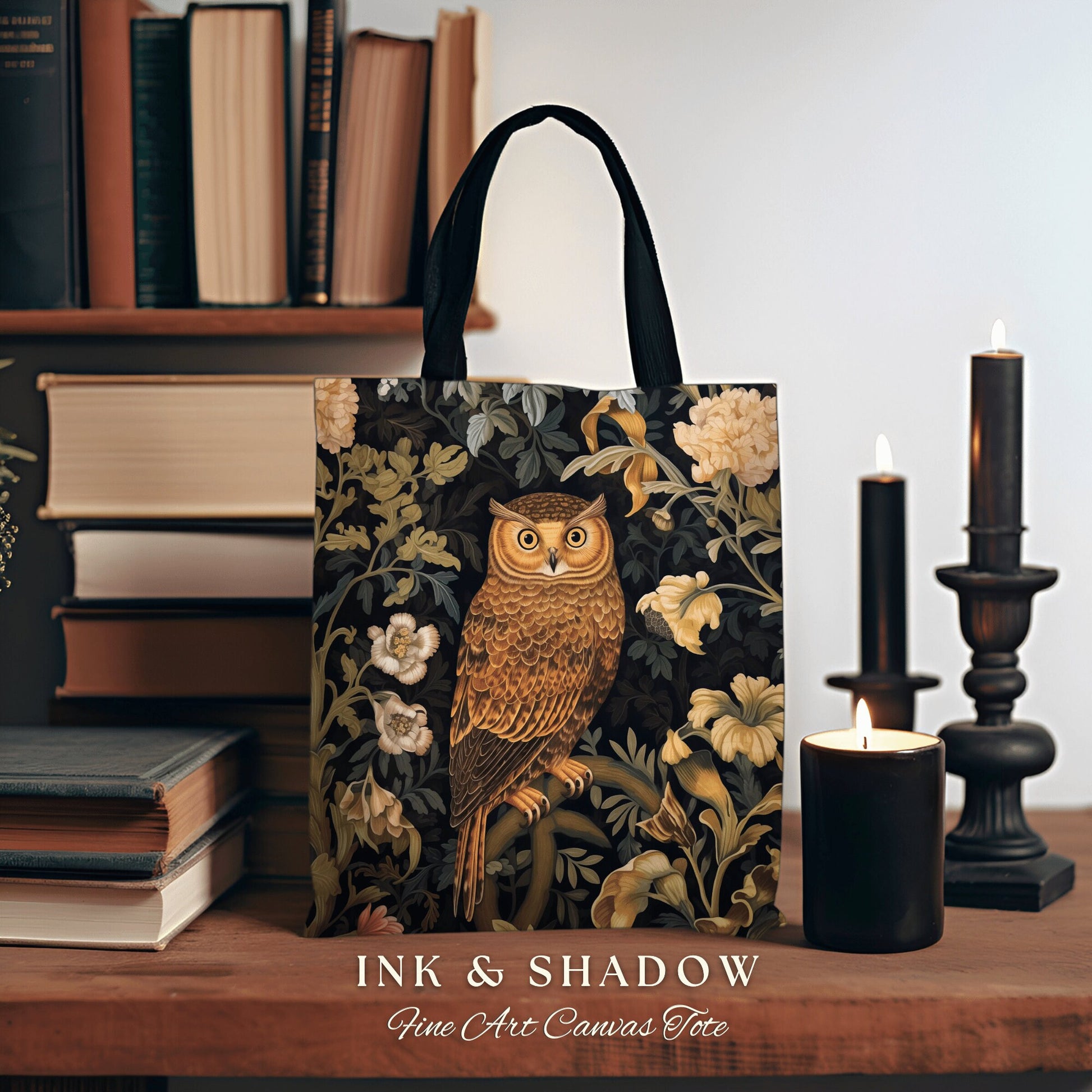 Whimsigoth Owl Tote Bag Botanical | Whimsical William Morris Inspired Tote Bag Aesthetic Goth Tapestry Tote Woven Victorian Fairy Core Owl |