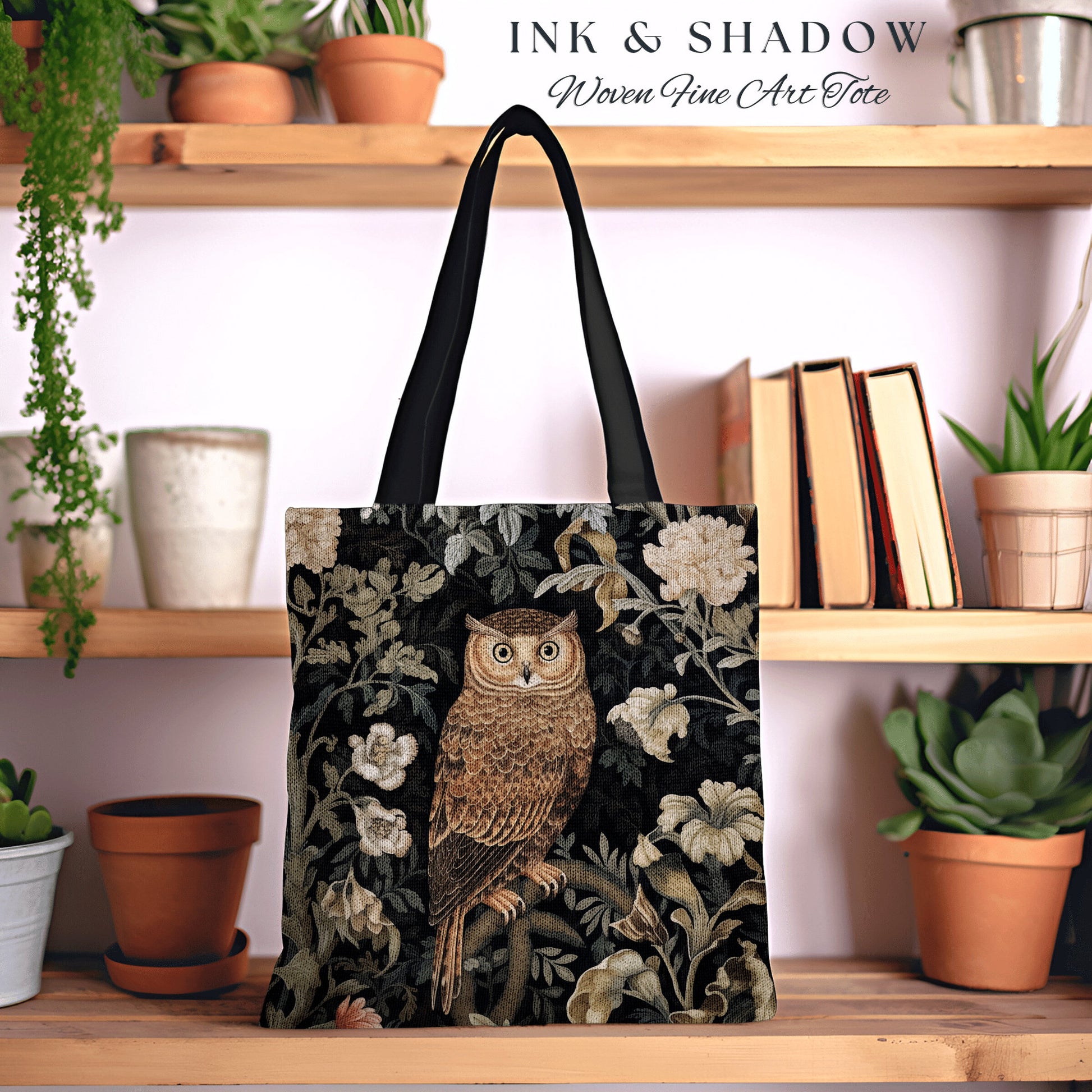 Whimsigoth Owl Tote Bag Botanical | Whimsical William Morris Inspired Tote Bag Aesthetic Goth Tapestry Tote Woven Victorian Fairy Core Owl |