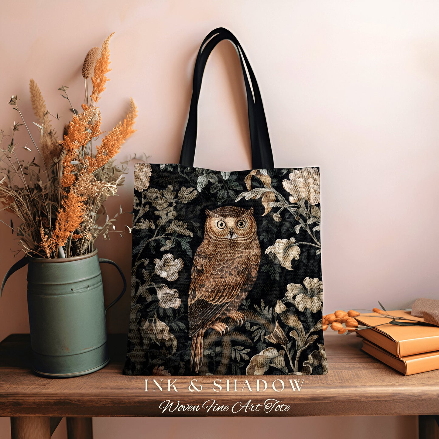 Whimsigoth Owl Tote Bag Botanical | Whimsical William Morris Inspired Tote Bag Aesthetic Goth Tapestry Tote Woven Victorian Fairy Core Owl |