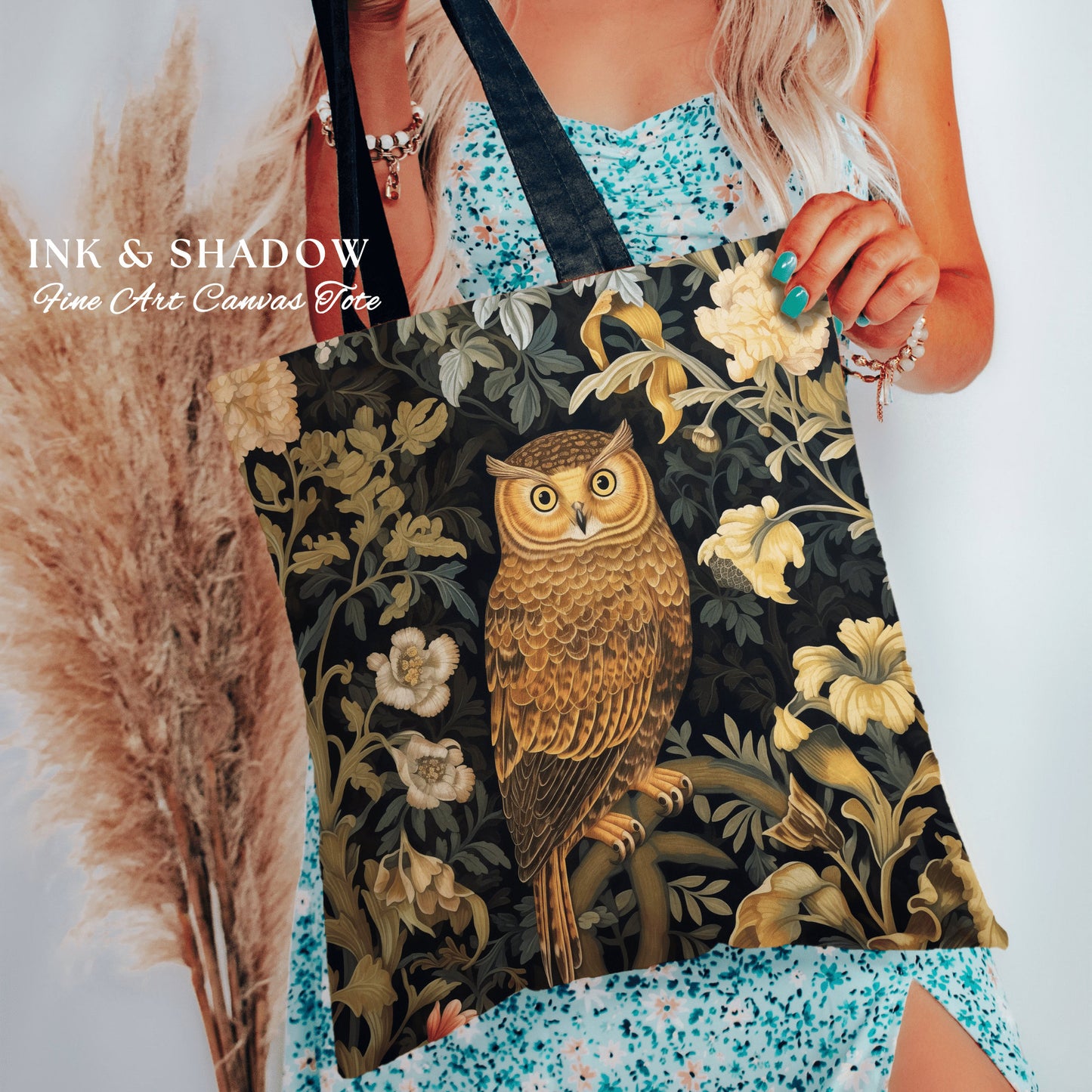 Whimsigoth Owl Tote Bag Botanical | Whimsical William Morris Inspired Tote Bag Aesthetic Goth Tapestry Tote Woven Victorian Fairy Core Owl |