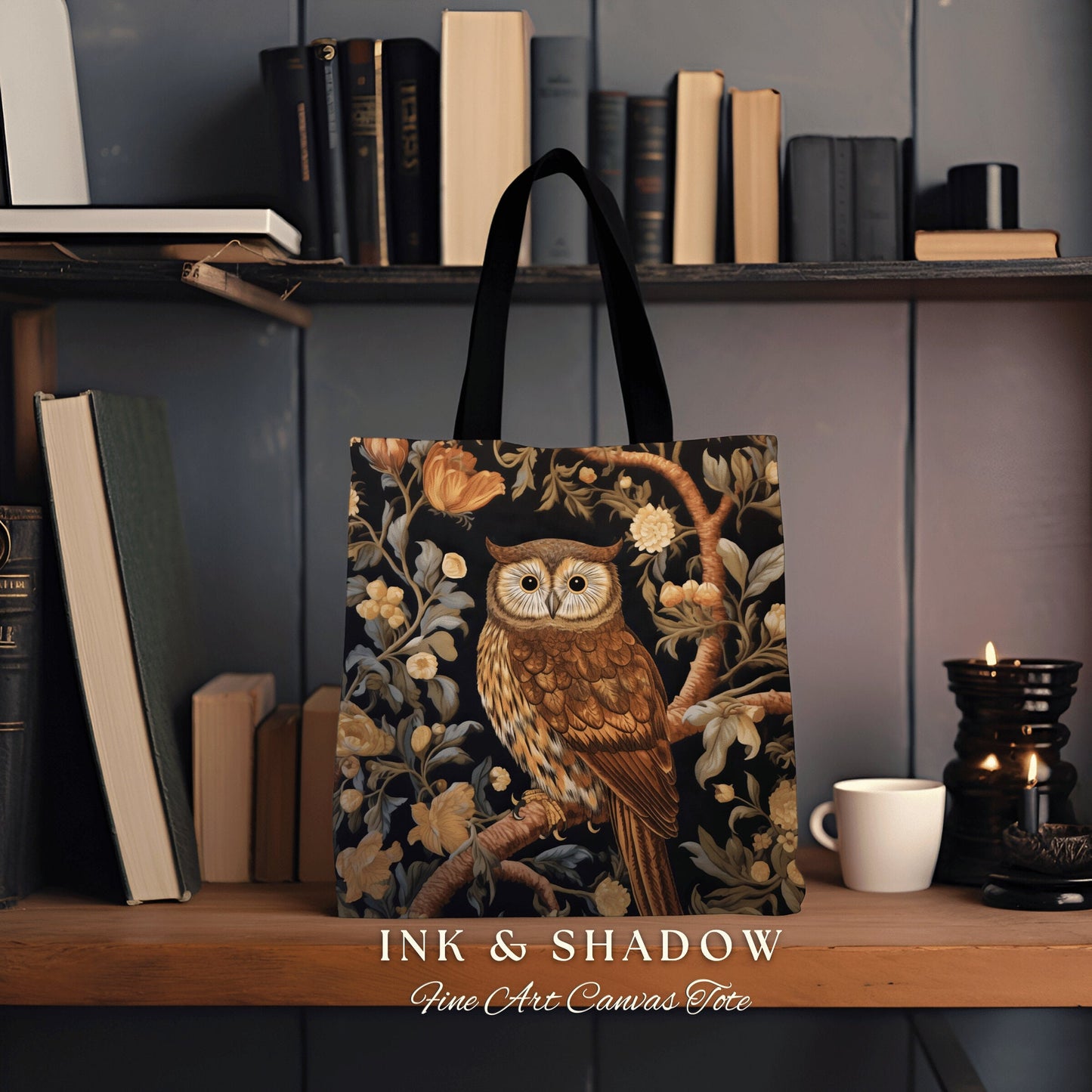 Bookish Owl Tote Bag | Whimsical William Morris Inspired Shoulderbag Aesthetic Gothic Tapestry Tote Woven Victorian Fairy Core Owl Gift |