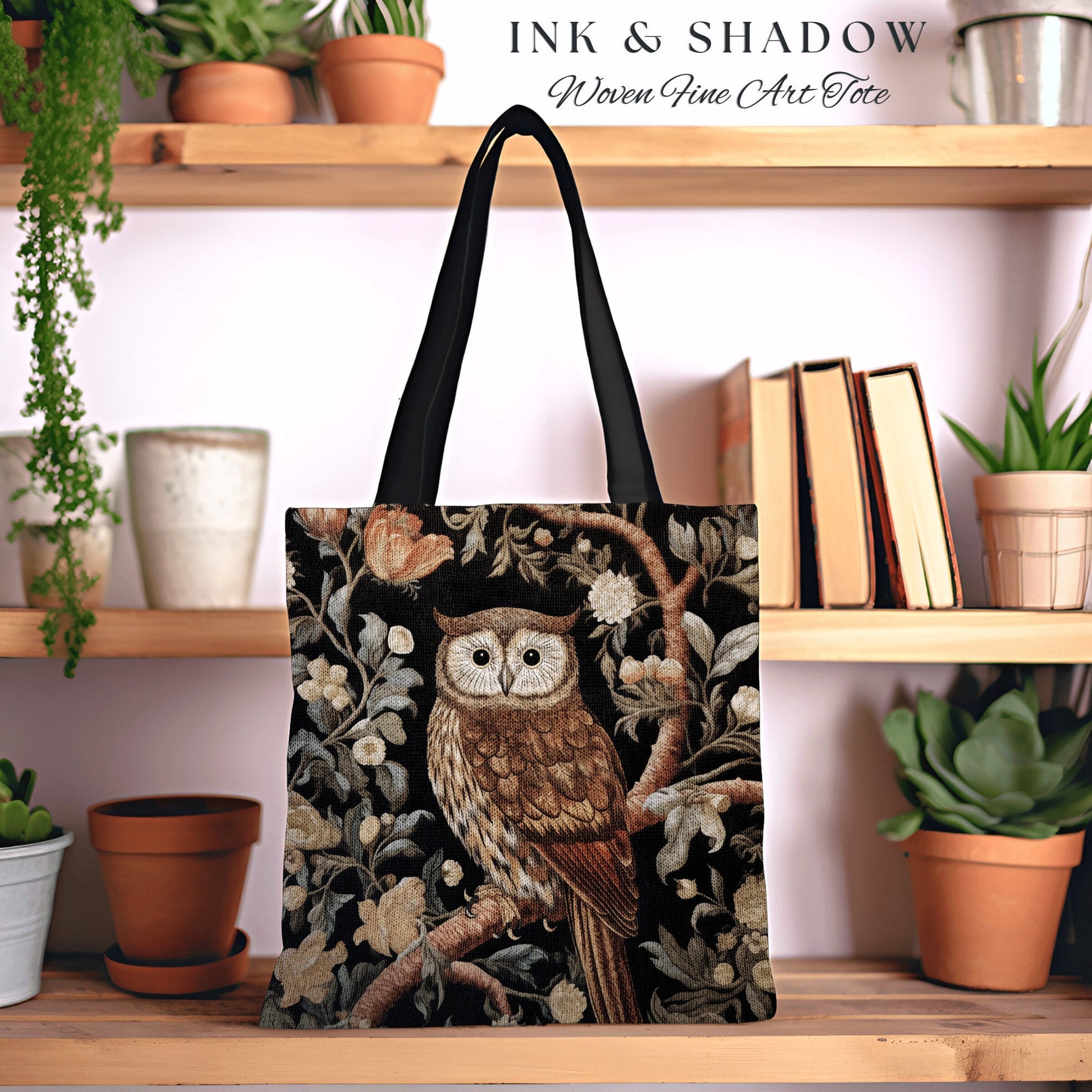 Bookish Owl Tote Bag | Whimsical William Morris Inspired Shoulderbag Aesthetic Gothic Tapestry Tote Woven Victorian Fairy Core Owl Gift |