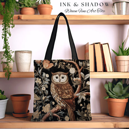 Bookish Owl Tote Bag | Whimsical William Morris Inspired Shoulderbag Aesthetic Gothic Tapestry Tote Woven Victorian Fairy Core Owl Gift |