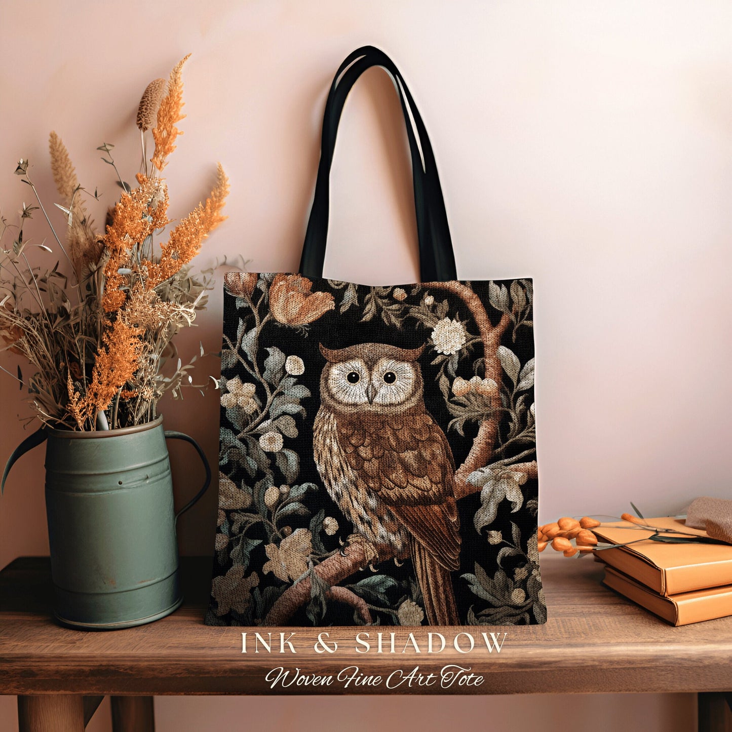 Bookish Owl Tote Bag | Whimsical William Morris Inspired Shoulderbag Aesthetic Gothic Tapestry Tote Woven Victorian Fairy Core Owl Gift |