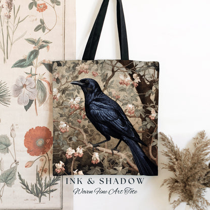 Mystic Raven Tote Bag Botanical | Gothic Tote William Morris Inspired Raven Tote Bag Crow Core Satchel Maximalist Tapestry Bag Fairycore |