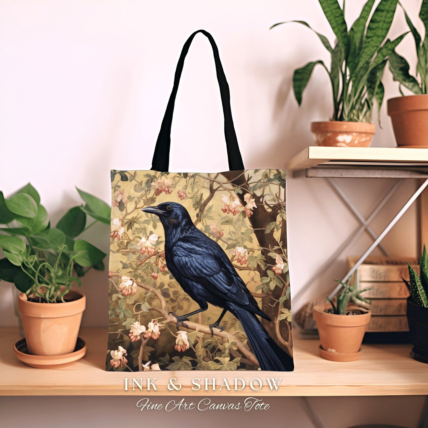 Mystic Raven Tote Bag Botanical | Gothic Tote William Morris Inspired Raven Tote Bag Crow Core Satchel Maximalist Tapestry Bag Fairycore |