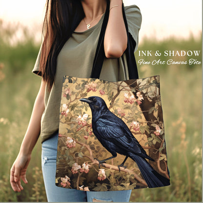 Mystic Raven Tote Bag Botanical | Gothic Tote William Morris Inspired Raven Tote Bag Crow Core Satchel Maximalist Tapestry Bag Fairycore |