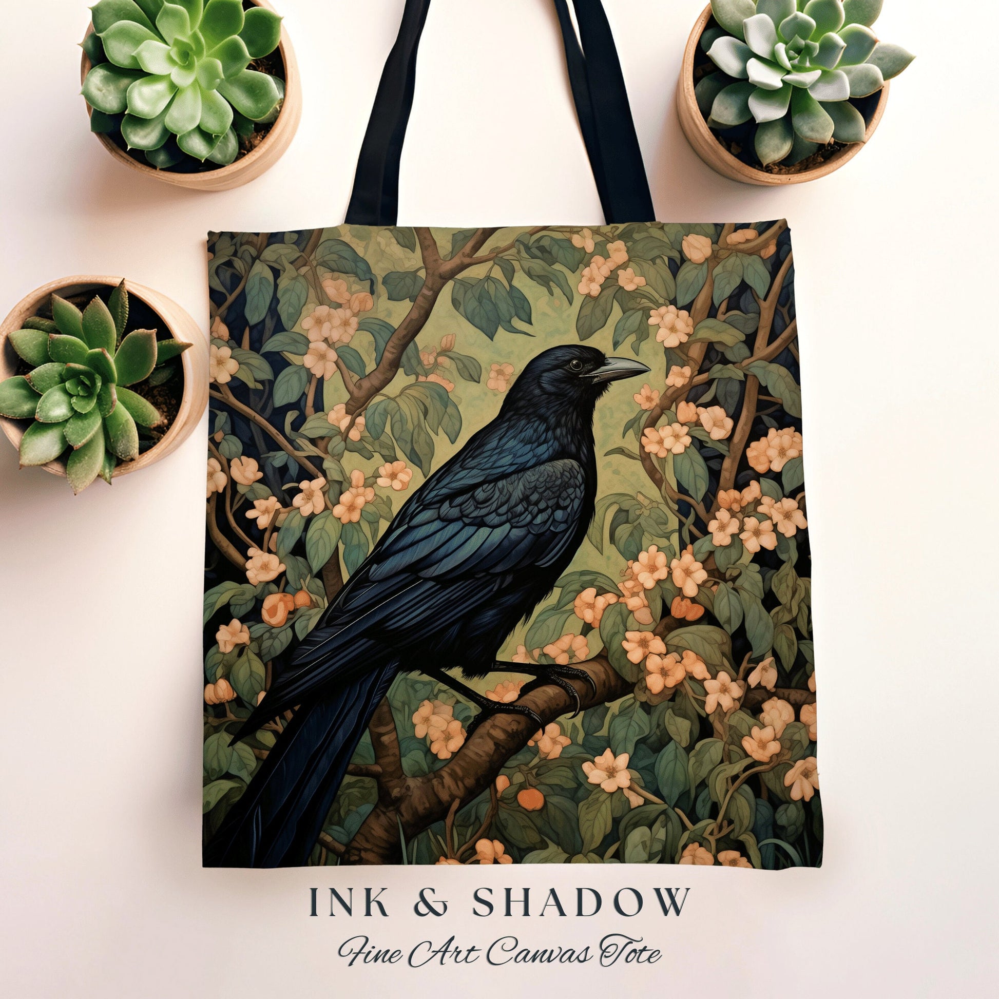 Gothic Crow Tapestry Botanical Tote Bag William Morris Inspired Raven Goth Tote Bag Crowcore Satchel Maximalist Tapestry Bag Fairycore Gift