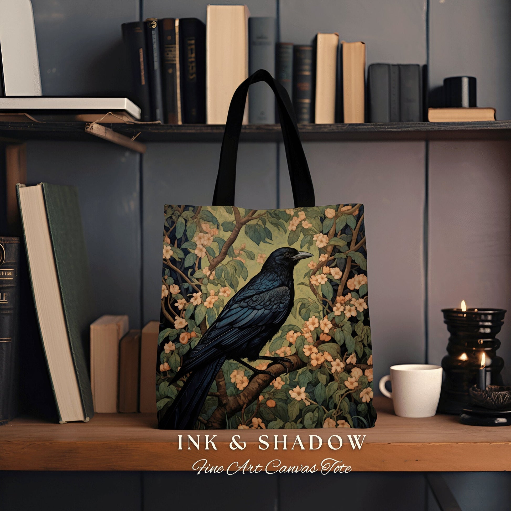 Gothic Crow Tapestry Botanical Tote Bag William Morris Inspired Raven Goth Tote Bag Crowcore Satchel Maximalist Tapestry Bag Fairycore Gift