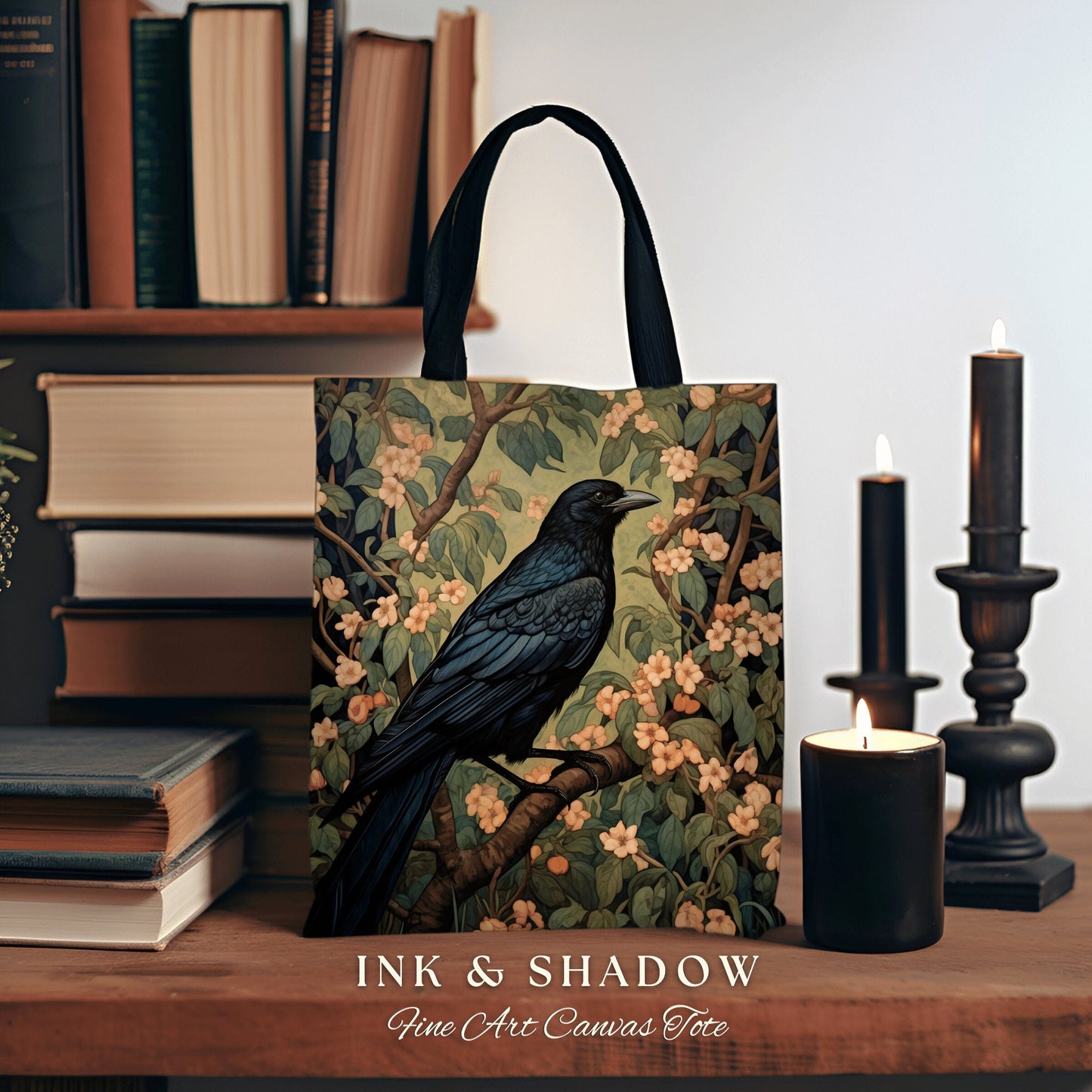 Gothic Crow Tapestry Botanical Tote Bag William Morris Inspired Raven Goth Tote Bag Crowcore Satchel Maximalist Tapestry Bag Fairycore Gift