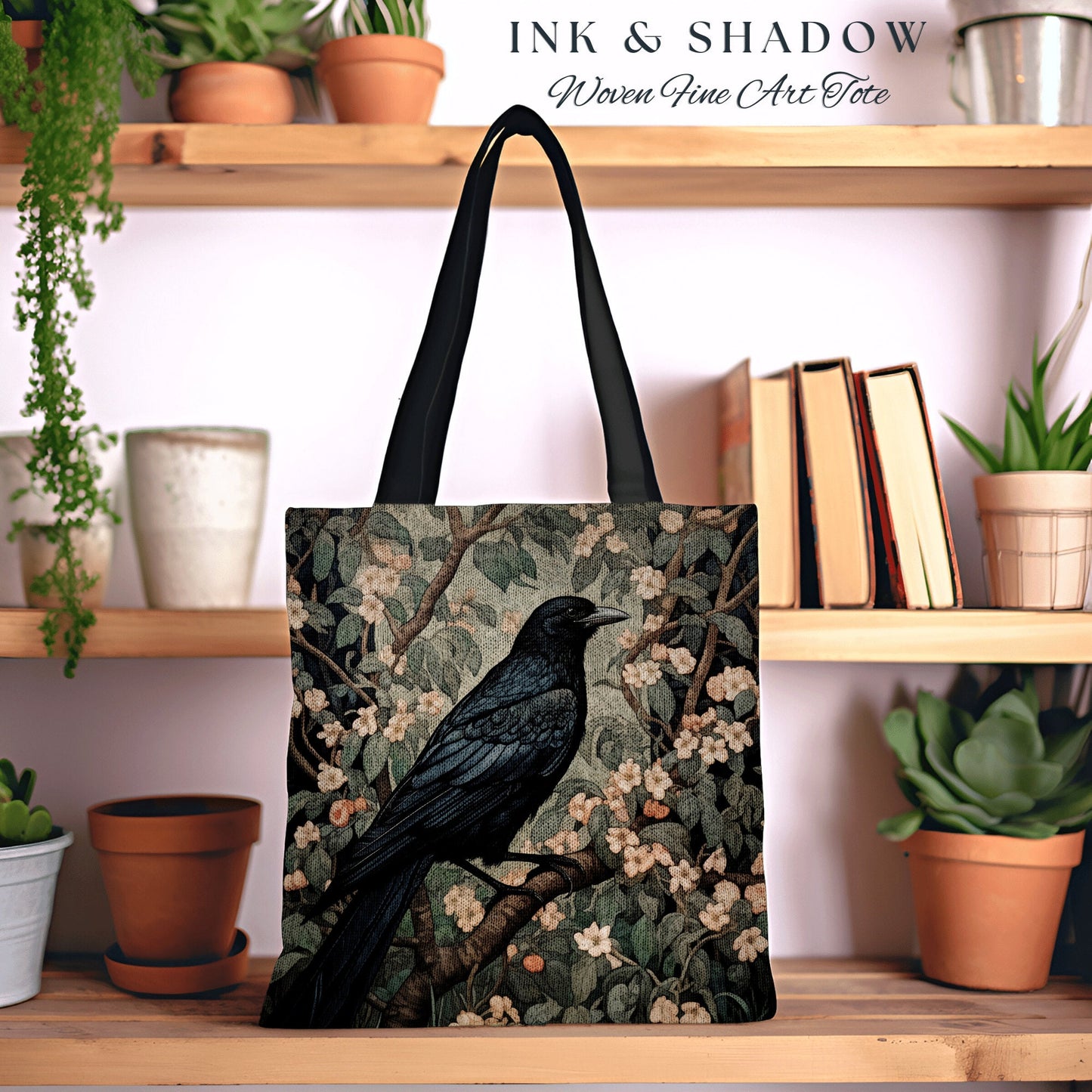Gothic Crow Tapestry Botanical Tote Bag William Morris Inspired Raven Goth Tote Bag Crowcore Satchel Maximalist Tapestry Bag Fairycore Gift