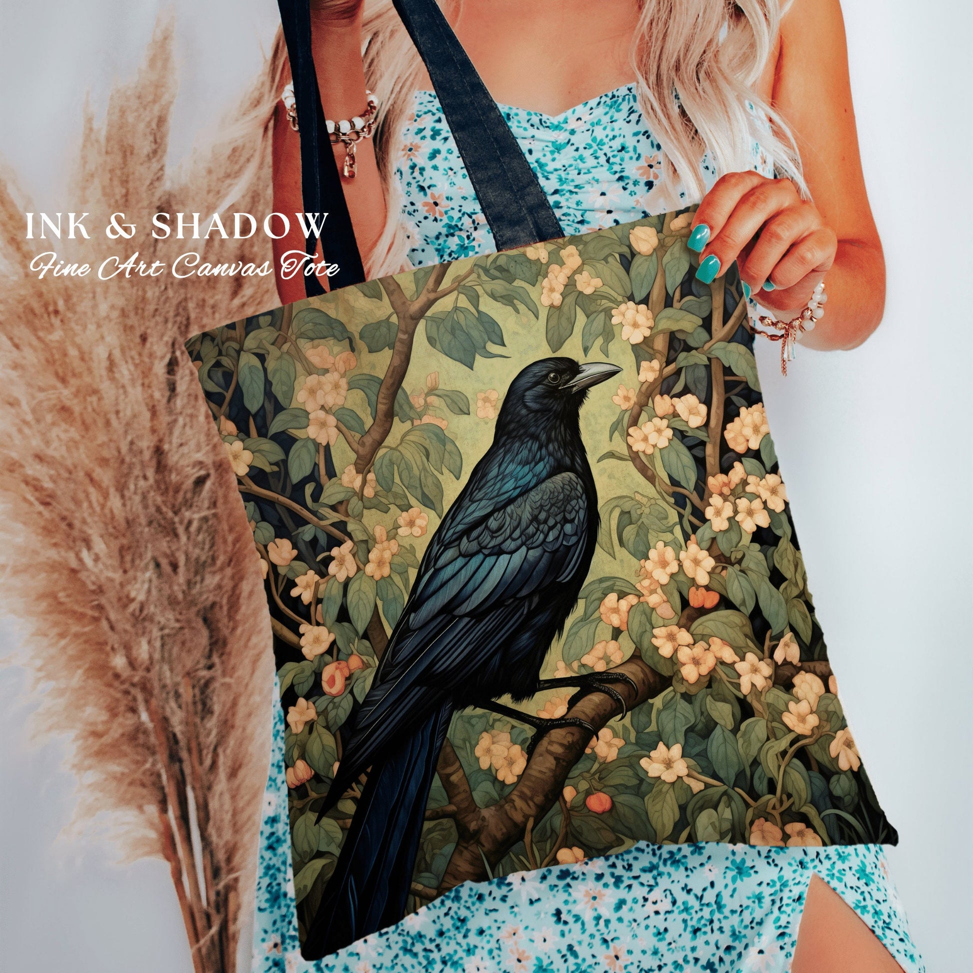 Gothic Crow Tapestry Botanical Tote Bag William Morris Inspired Raven Goth Tote Bag Crowcore Satchel Maximalist Tapestry Bag Fairycore Gift