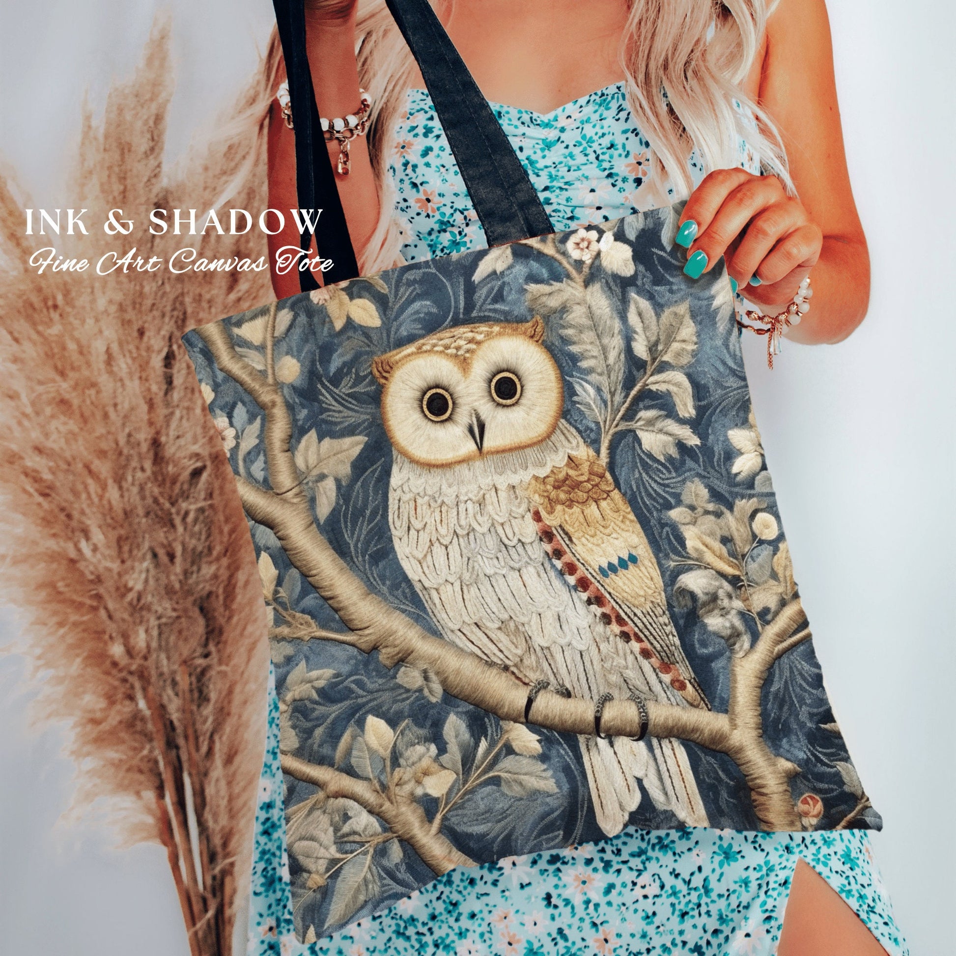 Dusty Blue Owl Woven Tote Bag | Whimsical William Morris Inspired Tote Bag Aesthetic Botanical Tapestry Tote Woven Victorian Fairy Core Owl