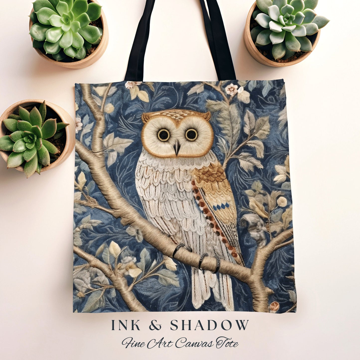 Dusty Blue Owl Woven Tote Bag | Whimsical William Morris Inspired Tote Bag Aesthetic Botanical Tapestry Tote Woven Victorian Fairy Core Owl