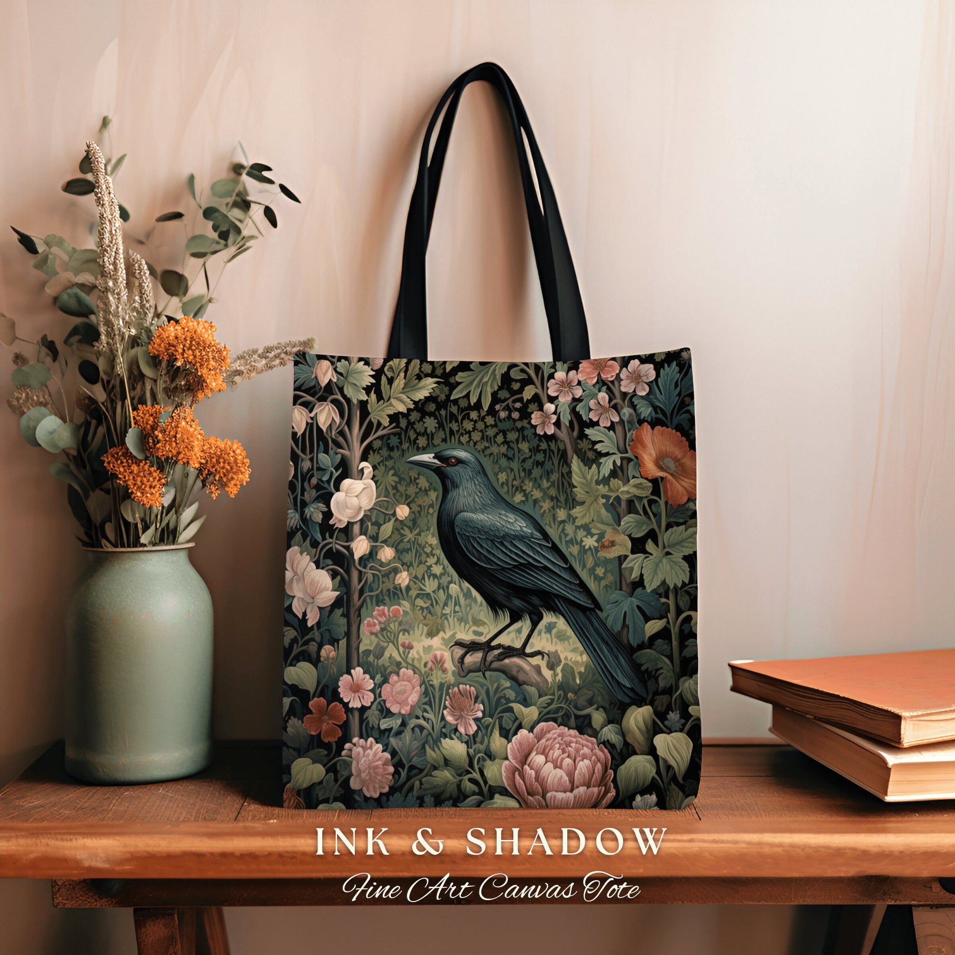 Floral Gothic Woven Tapestry Tote | Gothic Tote William Morris Inspired Raven Tote Bag Crow Core Satchel Maximalist Tapestry Dark Botanical