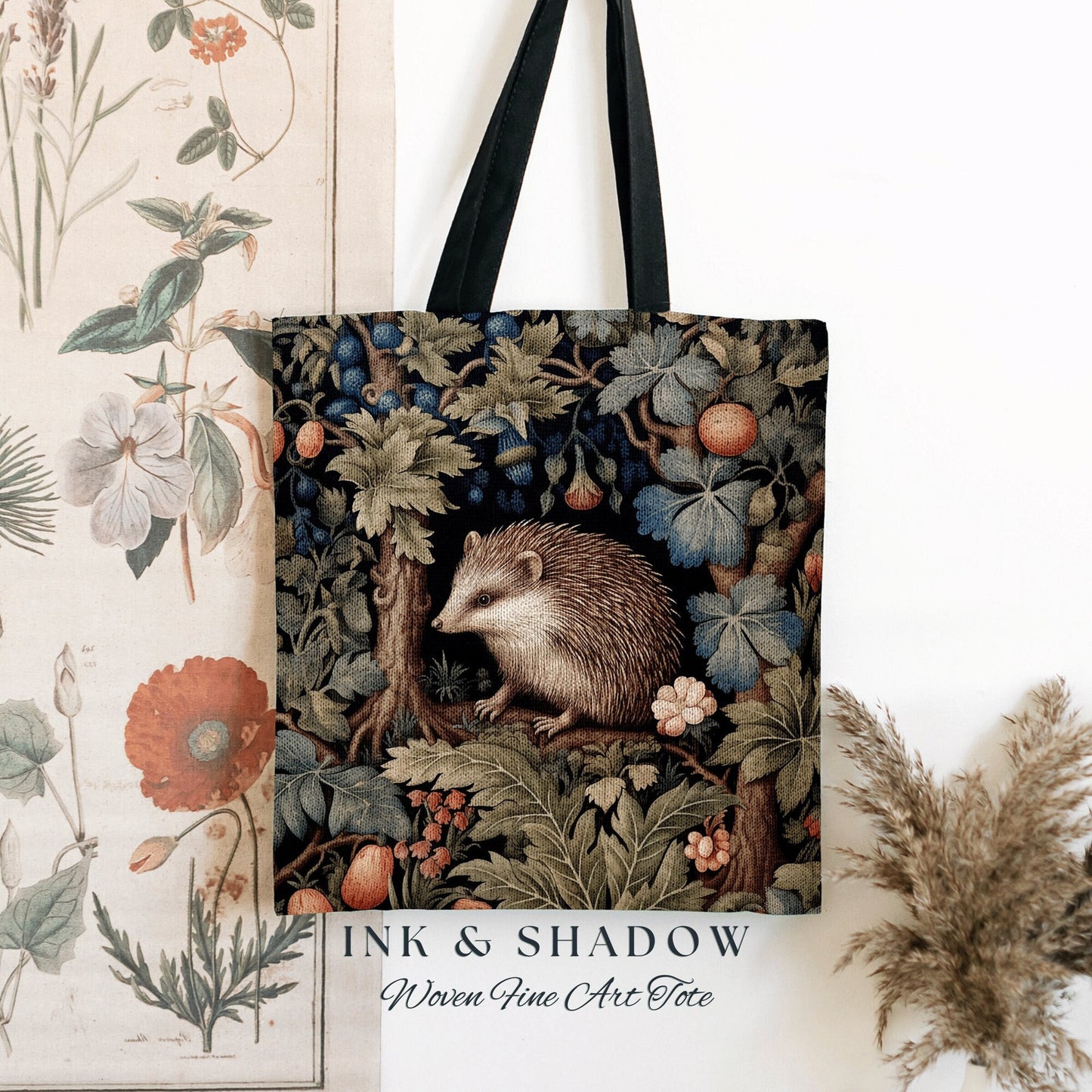 Woodland Hedgehog Tapestry Tote | Forestcore Bag William Morris Inspired Tote Bag Aesthetic Mystical Tapestry Bag Woven Victorian Gothic Bag